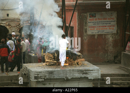 Il Nepal 2005 Kathmandu cremazione Ghats presso il tempio di Pashupatinath sul fiume Bagmati il tempio è uno dei più sacro santuario Foto Stock