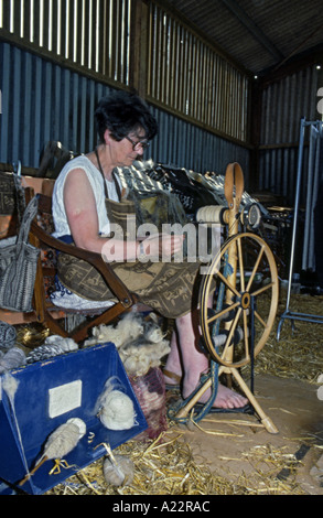 La donna la filatura della lana Foto Stock