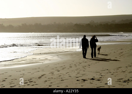 Un amorevole giovane prendere un tardo pomeriggio passeggiata con il loro cane sulla spiaggia Studland Dorset Inghilterra Foto Stock