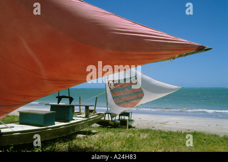 La pesca zattere chiamato jangadas a Porto de Rua beach Alagoas Brasile Foto Stock