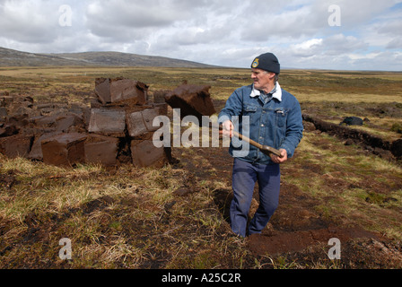 Un uomo che taglia la torba nel modo tradizionale con un spade per combustibile e composto per i centri di giardino nel Isole Falkland Foto Stock