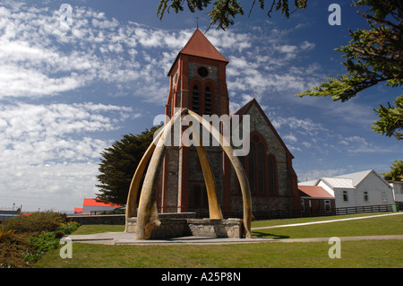 Osso di balena arch architettura memorial isole Falkland Port Stanley cattedrale della città di scheletro struttura edificio santa orazione Foto Stock