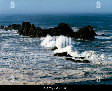 Surf pesanti si blocca contro rocce offshore a Seal Rock State Park sulla costa dell'Oregon Foto Stock