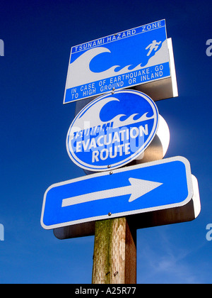Allarme Tsunami e direzione di evacuazione segni su Oregon State Highway 34 nella cittadina costiera di Waldport in Oregon Foto Stock