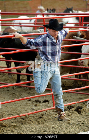I cowboys rilassarsi prima di partecipare a un evento di rodeo Foto Stock