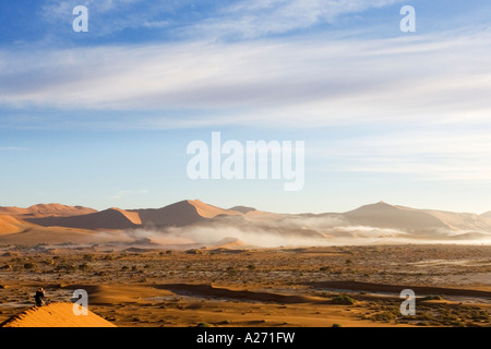 La nebbia dall'oceano atlantico () tra le dune rosse. Sossusvlei, Namib Desert, Namibia Foto Stock