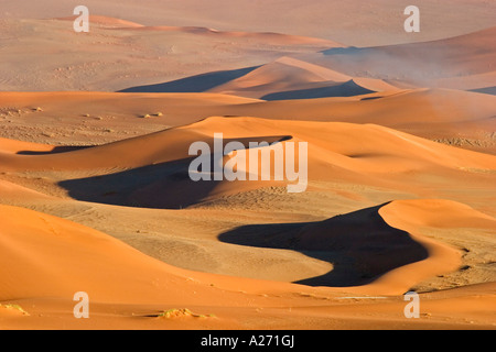 La nebbia dall'oceano atlantico () tra le dune rosse. Sossusvlei, Namib Desert, Namibia Foto Stock