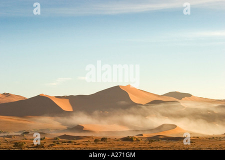 La nebbia dall'oceano atlantico () tra le dune rosse. Sossusvlei, Namib Desert, Namibia Foto Stock