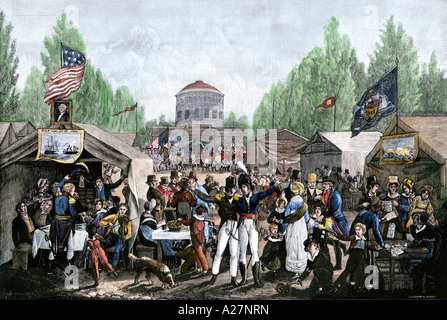 Quarto di luglio festa nella piazza centrale di Filadelfia nel 1819. Colorate a mano la xilografia Foto Stock