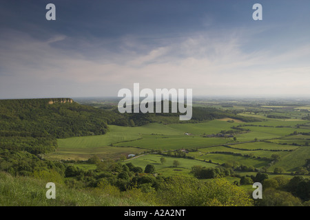 Splendido punto di riferimento naturale panoramico (vista a lunga distanza - da Sutton Bank a Roulston Scar, Hood Hill e verde paesaggio pianeggiante) - North Yorkshire, Inghilterra Regno Unito. Foto Stock