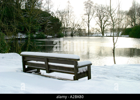 Legno vuota una panchina nel parco coperto di neve profonda di fronte al lago Foto Stock
