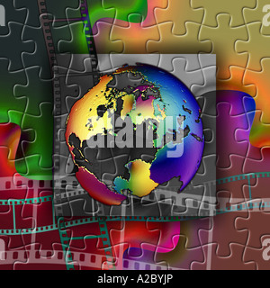 Terra-come globe al centro quadrato interno su quattro sale riunioni seghetto alternativo i pezzi del puzzle e ondulato delle strisce di pellicola Foto Stock