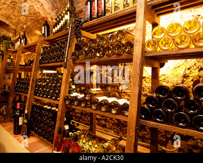 Il XIV secolo cantina in mattoni con scaffalature in legno in esso con molte bottiglie di vino vecchia cantina in luce calda Foto Stock