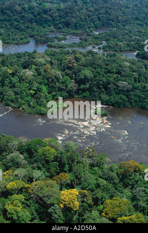 Vista aerea del fiume Jari, affluente settentrionale dell'Amazzonia che scende dalle Highlands della Guyana con rapide e lussureggiante foresta pluviale Foto Stock