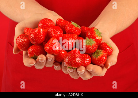 Donna che mantiene le fragole fresche Foto Stock