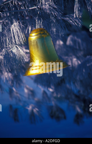 Una campana d'oro ornamento di Natale pende da un ramo nevoso al di fuori in inverno freddo, Missouri, Stati Uniti d'America Foto Stock