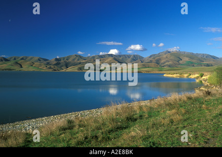 Il serbatoio alla diga Opuha Opuha, Fiume, Vicino Fairlie, Canterbury sud, Isola del Sud, Nuova Zelanda Foto Stock