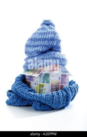 Casa di banconote avvolte in una sciarpa e cappuccio Foto Stock