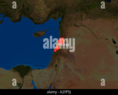 Ha evidenziato un'immagine satellitare del Libano con capitale Beirut mostrato Foto Stock