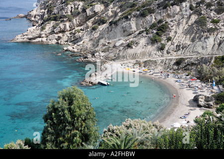 Istron Bay, la spiaggia vicino a "Bistro":, Golfo di Mirabello (Mirambello), orientale di Creta, Grecia Foto Stock