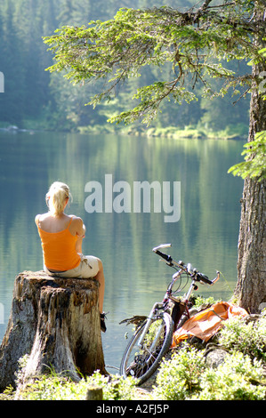 Giovane donna seduta sul tronco di albero, vista posteriore Foto Stock