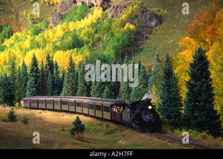 Cumbres e Toltec Scenic Railroad treno che viaggia attraverso gli alberi di Aspen in autunno area Coxo Colorado Foto Stock