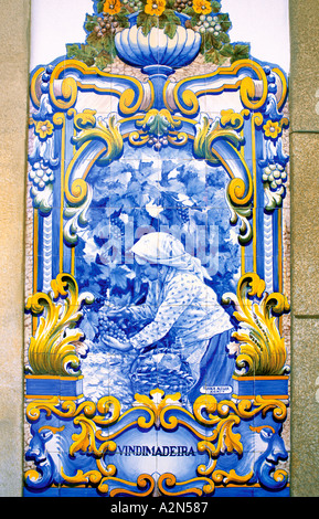 Piastrella storico che mostra uno scenario tradizionale della regione del Douro, treno Sation di Pinhao, Valle del Douro, Portogallo Foto Stock