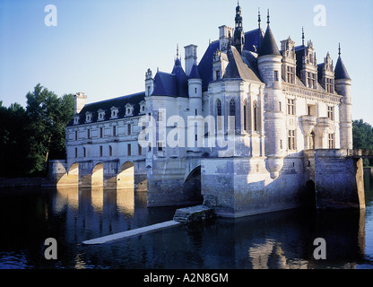 Castello circondato da acqua, Chateau de Chenonceaux, Indre-Et-Loire, Francia Foto Stock
