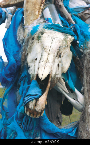 Obo - tradizionale mongola costruzione di culto. Parte superiore del pass Tsagaannuur somon nelle vicinanze. Khovsgol aimag (provincia). Mongolia Foto Stock