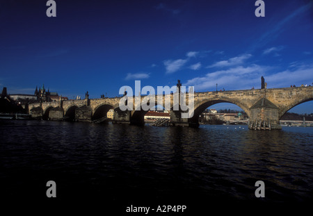 Charles Bridge Karls Brücke Karol ponte a sinistra il castello di Hradschin con St Veit Cattedrale fiume Moldova Praga Repubblica Ceca Foto Stock