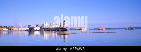 Crofton, Isola di Vancouver, BC, British Columbia, Canada - Cargo e trucioli di legno chiatte caricato ancorata al Pulp & Paper Mill Town Foto Stock