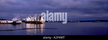 Crofton, Isola di Vancouver, BC, British Columbia, Canada - Cargo e trucioli di legno chiatte caricato ancorata al Pulp & Paper Mill Town Foto Stock