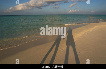 Le ombre dei due amanti tenendo le mani su una spiaggia tropicale delle Maldive Foto Stock