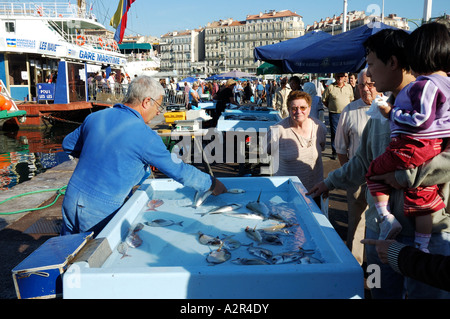 Un pescivendolo maschile di alto livello che vende frutti di mare al mercato del pesce del vecchio porto, le vieux port, Marsiglia, Francia Foto Stock