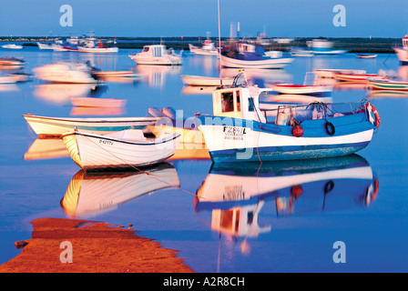 Fisherboats presso il porto di Santa Luzia, Tavira, Algarve, PORTOGALLO Foto Stock