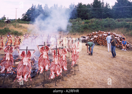 Saturna Island Barbecue di agnello, Golfo meridionale isole, BC, British Columbia, Canada - annuale barbecue estivo attorno a un fuoco aperto Pit Foto Stock