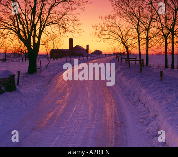 Tramonto che splende su ICY FARM LANE PER Dairy Farm / PENNSYLVANIA Foto Stock