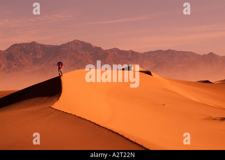 Parco Nazionale della Valle della Morte, California, Stati Uniti d'America - Le Dune di sabbia di Sunrise, Escursionista escursionismo su Mesquite duna di sabbia vicino al tubo da stufa di pozzetti Foto Stock