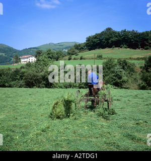 Il contadino di tornitura con fieno A CAVALLO TEDDER paesi baschi Francia Foto Stock