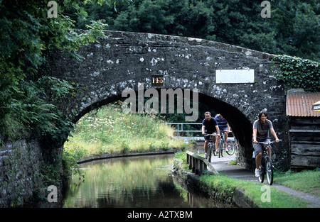 I ciclisti su strada alzaia sul Monmouthshire & Brecon canal at west calder-su-Usk, Brecon, POWYS, GALLES GB Foto Stock