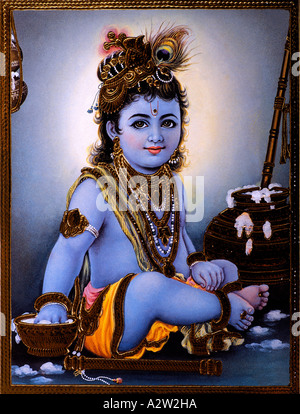 Il piccolo Krishna ruba burro Foto Stock