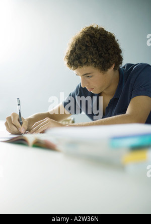 Ragazzo adolescente facendo i compiti di scuola Foto Stock