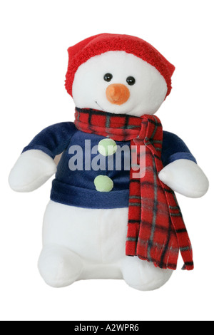 Pupazzo di neve bianco farcito con Red Hat e sciarpa pelliccia toy su sfondo bianco albero di natale festival festosa snow uomo vestito Foto Stock
