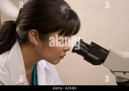 Il ricercatore utilizza potenti strumenti come i microscopi per lo studio di oggetti minuscoli e cellule. La ricerca è astart per la lotta contro il riscaldamento globale. Foto Stock