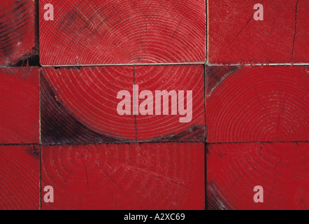 Close up della pila di legname rosso termina Foto Stock