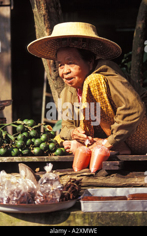 Thailandia mercato galleggiante sulla Klong Damnern Saduck vicino a Bankok anziani Tiwanese donna vendita di frutta e verdura Foto Stock