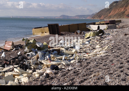 Relitto e fracassato contenitori lavati fino dalla nave MSC Napoli inquinare Branscombe Beach nel Devon UK Gennaio 2007 Foto Stock