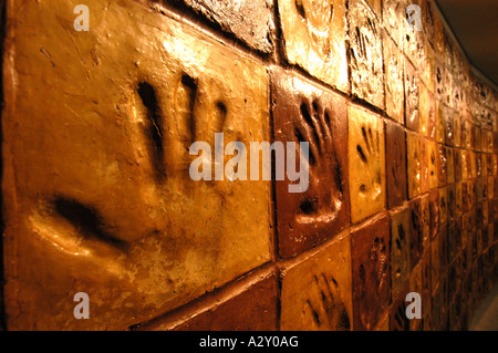Un muro costituito da stampe a mano in piastrelle in argilla all'Eden Project St Austell Cornwall Foto Stock