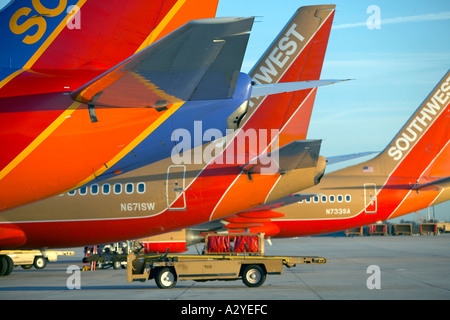 A sud-ovest linea aerea passeggeri tails airside bagage con auto Foto Stock