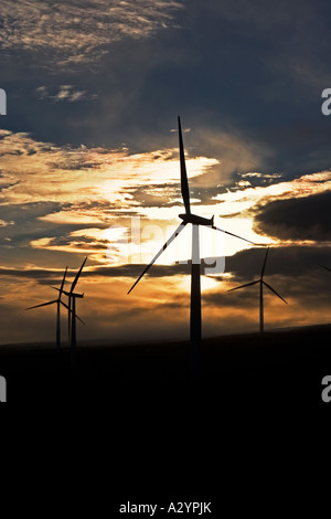 Wind Turbine di potenza all'alba, Farr Wind Farm, Inverness, Scotland Regno Unito Foto Stock